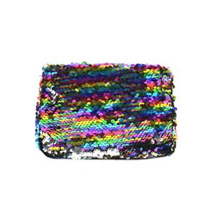 Women Sequin Crossbody Purse Shoulder Bag Rainbow Reversible Pouch with Chains