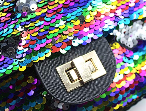 Women Sequin Crossbody Purse Shoulder Bag Rainbow Reversible Pouch with Chains