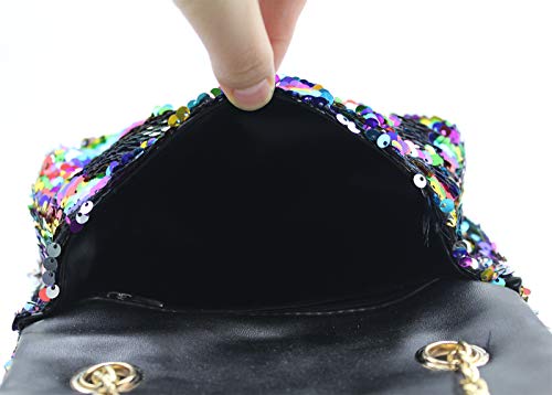 Women Sequin Crossbody Purse Shoulder Bag Rainbow Reversible Pouch with Chains