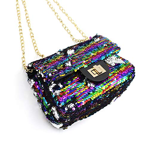 Women Sequin Crossbody Purse Shoulder Bag Rainbow Reversible Pouch with Chains