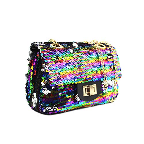 Women Sequin Crossbody Purse Shoulder Bag Rainbow Reversible Pouch with Chains