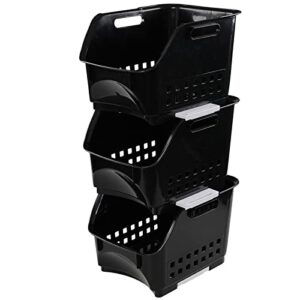 nicesh plastic stacking bins, stackable storage basket trays, black, set of 3