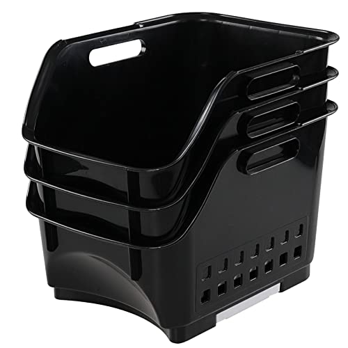 Nicesh Plastic Stacking Bins, Stackable Storage Basket Trays, Black, Set of 3