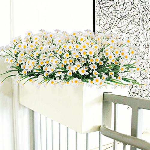 TEMCHY Artificial Daisies Flowers Outdoor UV Resistant 4 Bundles Fake Foliage Greenery Faux Plants Shrubs Plastic Bushes for Window Box Hanging Planter Farmhouse Indoor Outside Decor(White)