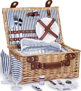 satisinside picnic basket for 2 wicker picnic set with insulated liner for camping,wedding,valentine day,gift – reinforced handle, grey stripes