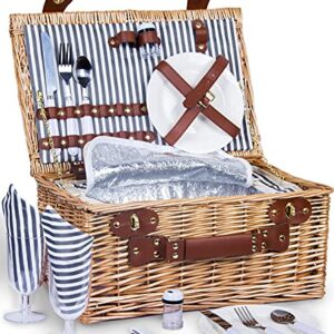 SatisInside Picnic Basket for 2 Wicker Picnic Set with Insulated Liner for Camping,Wedding,Valentine Day,Gift - Reinforced Handle, Grey Stripes