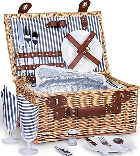 SatisInside Picnic Basket for 2 Wicker Picnic Set with Insulated Liner for Camping,Wedding,Valentine Day,Gift - Reinforced Handle, Grey Stripes