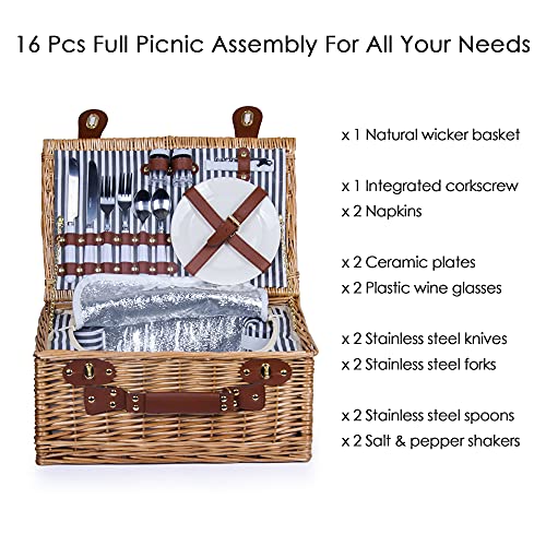 SatisInside Picnic Basket for 2 Wicker Picnic Set with Insulated Liner for Camping,Wedding,Valentine Day,Gift - Reinforced Handle, Grey Stripes