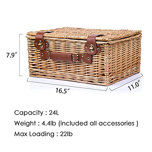 SatisInside Picnic Basket for 2 Wicker Picnic Set with Insulated Liner for Camping,Wedding,Valentine Day,Gift - Reinforced Handle, Grey Stripes