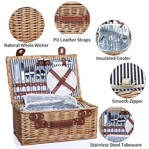 SatisInside Picnic Basket for 2 Wicker Picnic Set with Insulated Liner for Camping,Wedding,Valentine Day,Gift - Reinforced Handle, Grey Stripes