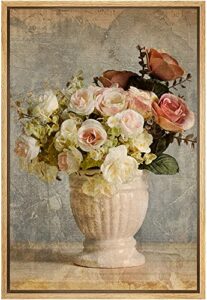 signford canvas print wall art vintage pink & white roses in vase floral plants photography modern art rustic colorful multicolor warm for living room, bedroom, office – 16″x24″ natural