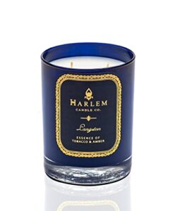 harlem candle company langston luxury scented candle, double wick, 12 oz navy blue glass jar, soy wax, gift box, scents of clove, vanilla, jasmine, sandalwood and amber