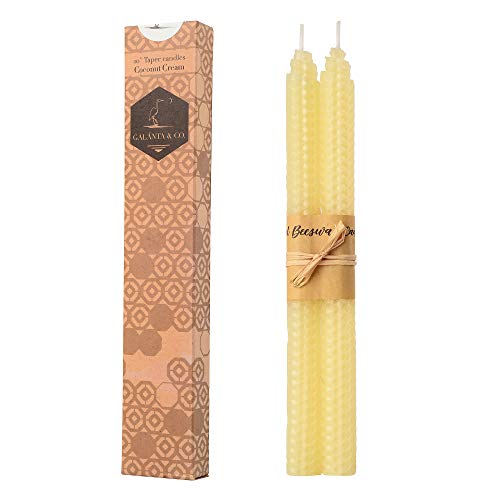 100% Pure Beeswax Handmade Taper Candles (Coconut Cream) - 10 Inch Smokeless Dripless Pair - Natural Subtle Honey Smell - Elegant Honeycomb Design — by Galánta & Co.