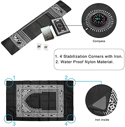 Hitopin Travel Prayer Mat, 60cm*100cm Praying Rug, Portable Polyester Prayer Rug with Compass, Islamic Waterproof Prayer Mat, Musilm Prayer Mat, for Ramadan Gifts, Islamic Prayer (Black)