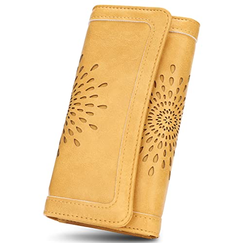 APHISON Womens Wallets RFID Blocking PU Leather Clutch Long Wallet for Women Card Holder Phone Organizer Ladies Travel Purse Hollow Out Sunflower Design Gift Box 2214 YELLOW