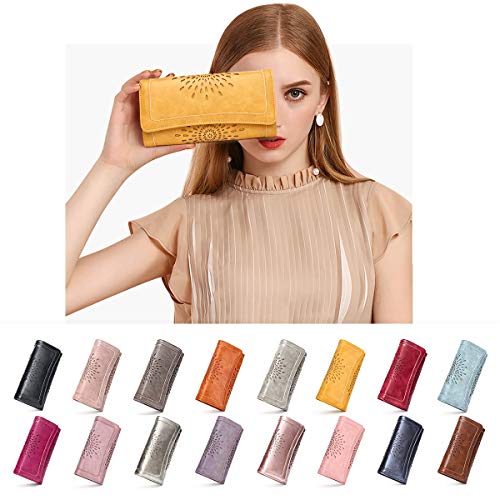 APHISON Womens Wallets RFID Blocking PU Leather Clutch Long Wallet for Women Card Holder Phone Organizer Ladies Travel Purse Hollow Out Sunflower Design Gift Box 2214 YELLOW