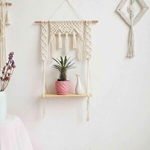 BLUETTEK Macrame Wall Hanging Shelf, Wood Floating Hanging Storage Shelf Organizer Hanger, Handmade Cotton Rope Bohomia Woven Home Wall Decor (Diamond)