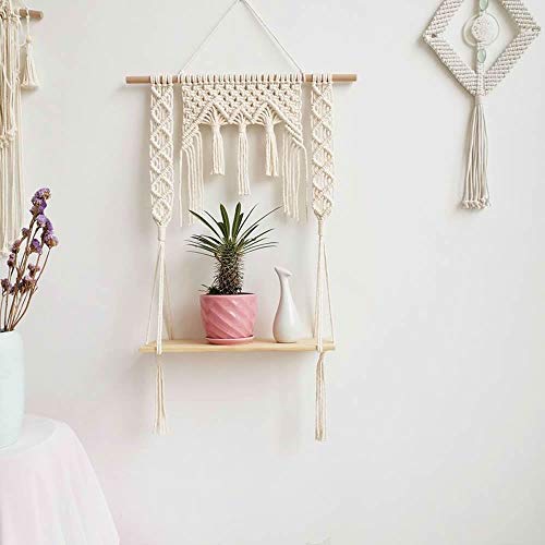 BLUETTEK Macrame Wall Hanging Shelf, Wood Floating Hanging Storage Shelf Organizer Hanger, Handmade Cotton Rope Bohomia Woven Home Wall Decor (Diamond)