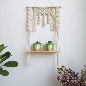 BLUETTEK Macrame Wall Hanging Shelf, Wood Floating Hanging Storage Shelf Organizer Hanger, Handmade Cotton Rope Bohomia Woven Home Wall Decor (Diamond)