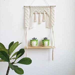 BLUETTEK Macrame Wall Hanging Shelf, Wood Floating Hanging Storage Shelf Organizer Hanger, Handmade Cotton Rope Bohomia Woven Home Wall Decor (Diamond)