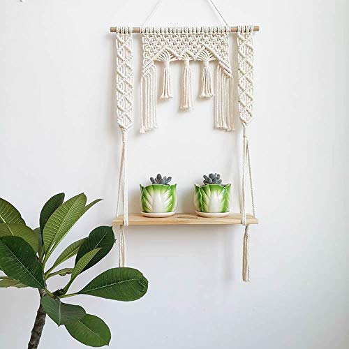 BLUETTEK Macrame Wall Hanging Shelf, Wood Floating Hanging Storage Shelf Organizer Hanger, Handmade Cotton Rope Bohomia Woven Home Wall Decor (Diamond)