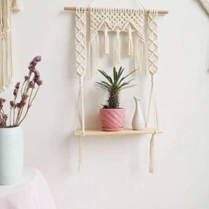 BLUETTEK Macrame Wall Hanging Shelf, Wood Floating Hanging Storage Shelf Organizer Hanger, Handmade Cotton Rope Bohomia Woven Home Wall Decor (Diamond)