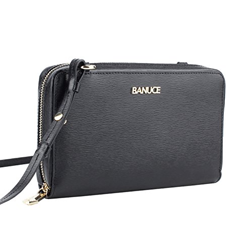 Banuce Small Genuine Leather Clutch Crossbody Purse for Women Shoulder Satchel Bag Long Wallet Phone Case Organizer Black