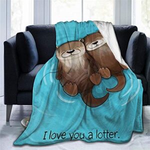 Cute Sea Otter Love Lotter Flannel Throw Blanket Comfy Cozy Sofa Blanket Comfortable Thermal Lap Blanket Soft Durable Couch Throw Blanket Fleece Blanket for Grandparent Men Women