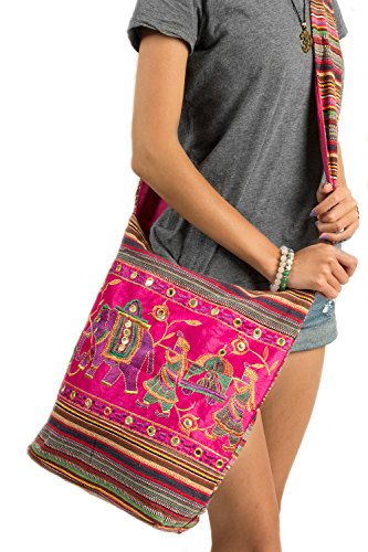 Pink Shoulder Bag Handmade Embroidered Elephant Boho Bohemian Hippie Tote Gypsy Beach Bag