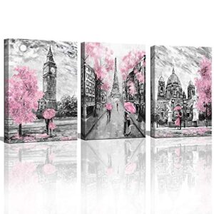 canvaszon black and white canvas wall art for living room bedroom bathroom girls pink paris theme room decor oil painting print london big ben tower eiffel painting for wall decor pink