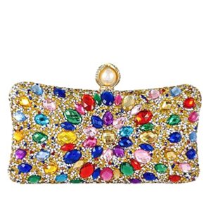 Boutique De FGG Pearl Clasp Colorful Gold Crystal Clutch Purses for Women's Evening Handbags Wedding Party Rhinestone Bag