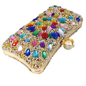 Boutique De FGG Pearl Clasp Colorful Gold Crystal Clutch Purses for Women's Evening Handbags Wedding Party Rhinestone Bag