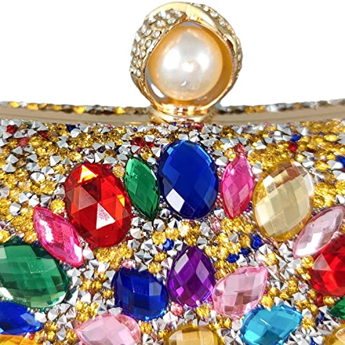 Boutique De FGG Pearl Clasp Colorful Gold Crystal Clutch Purses for Women's Evening Handbags Wedding Party Rhinestone Bag