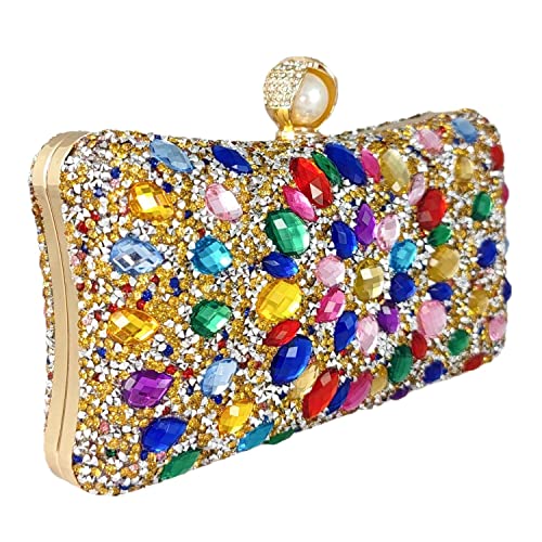 Boutique De FGG Pearl Clasp Colorful Gold Crystal Clutch Purses for Women's Evening Handbags Wedding Party Rhinestone Bag