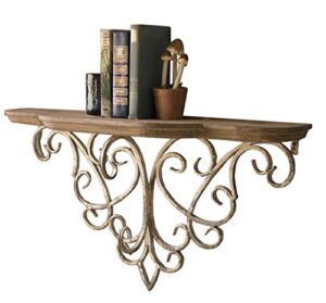 decorative wall shelf with vintage style rustic bracket with filigree detail and distressed paint finish