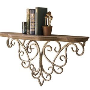 Decorative Wall Shelf with Vintage Style Rustic Bracket with Filigree Detail and Distressed Paint Finish