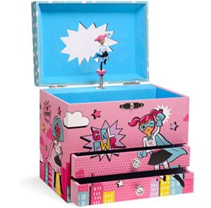 jewelkeeper girl power superhero musical jewelry box with 2 pullout drawers, fur elise tune