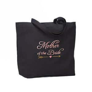 ELEGANTPARK Mother of the Bride Gifts Bag Cotton Mother of the Bride Bag and Tote Mother Gifts for Wedding Tote Bag With Pocket Shoulder Bag Black With Pink Embroidery