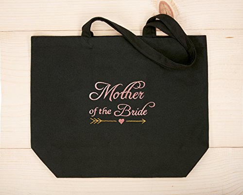 ELEGANTPARK Mother of the Bride Gifts Bag Cotton Mother of the Bride Bag and Tote Mother Gifts for Wedding Tote Bag With Pocket Shoulder Bag Black With Pink Embroidery