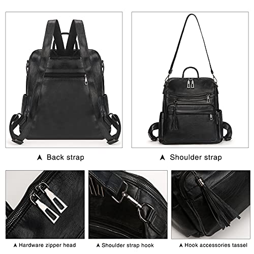 Artwell Backpack Purse for Women Fashion PU Leather Designer Travel Large Ladies Shoulder Bags Tote Tassel Rucksack (Black)