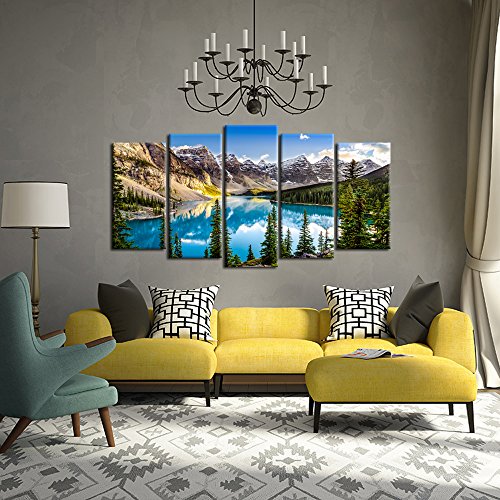 Kreative Arts - 5 Pieces Canvas Prints Wall Art Canada Moraine Lake And Rocky Mountain Landscape Pictures Modern Canvas Painting Giclee Artwork For Home Decoration (Large Size 60x32inch)