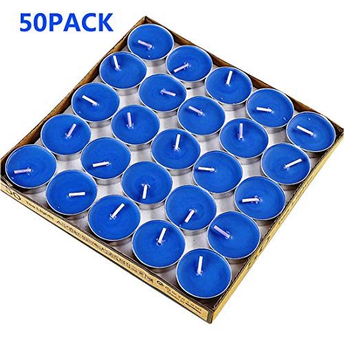 Tea Lights Candles, 50 Pack Flameless Colorful Tealights Holder Variety Relaxing Paraffin Pressed Wax 2 Hours Burn Time for Travel,Centerpiece,Party Gift Happy Birthday New Year Wedding (Blue)