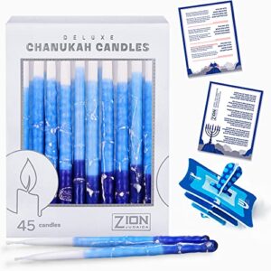 deluxe chanukah candles for menorah – decorative hanukkah candles set of 45 multi blue thin tapered frosted candle hand made includes a diy dreidel, prayer song card by zion judaica (blue elegance)