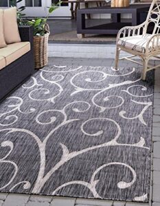 unique loom outdoor botanical collection botanical, coastal, vines, indoor and outdoor area rug (5′ 0 x 8′ 0 rectangular, charcoal gray/beige)
