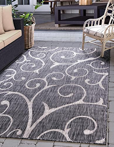 Unique Loom Outdoor Botanical Collection Botanical, Coastal, Vines, Indoor and Outdoor Area Rug (5' 0 x 8' 0 Rectangular, Charcoal Gray/Beige)