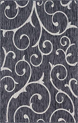 Unique Loom Outdoor Botanical Collection Botanical, Coastal, Vines, Indoor and Outdoor Area Rug (5' 0 x 8' 0 Rectangular, Charcoal Gray/Beige)