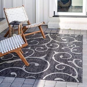 Unique Loom Outdoor Botanical Collection Botanical, Coastal, Vines, Indoor and Outdoor Area Rug (5' 0 x 8' 0 Rectangular, Charcoal Gray/Beige)