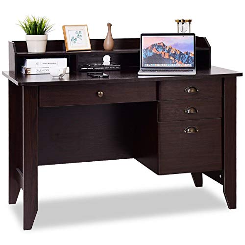 Tangkula Computer Desk with 4 Storage Drawers & Hutch, Home Office Desk Vintage Desk with Storage Shelves, Wooden Executive Desk Writing Study Desk (Brown)