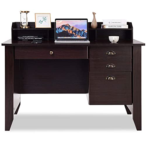 Tangkula Computer Desk with 4 Storage Drawers & Hutch, Home Office Desk Vintage Desk with Storage Shelves, Wooden Executive Desk Writing Study Desk (Brown)