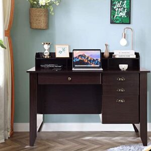 Tangkula Computer Desk with 4 Storage Drawers & Hutch, Home Office Desk Vintage Desk with Storage Shelves, Wooden Executive Desk Writing Study Desk (Brown)